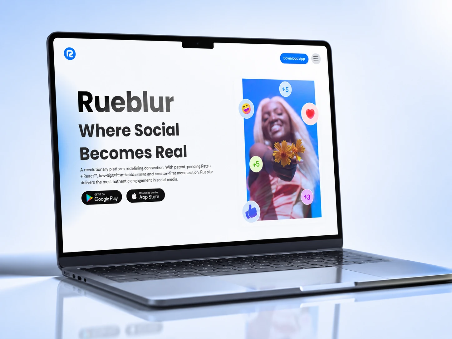 The Rueblur website shown on a laptop